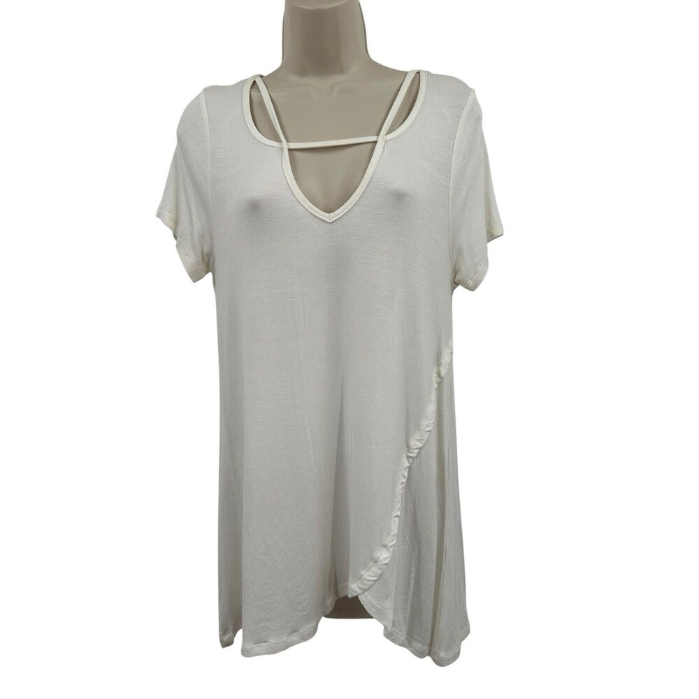 Buckle Jersey Knit Tunic Top Small Cream Casual Short Sleeve Cut out NWT